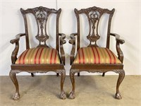 Ornately Carved Arm Chairs w/ Upholstered Seats