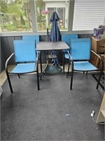 Wrought Iron Patio Table, 4 Chairs & Umbrella