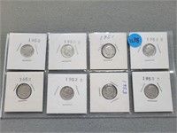 8 Roosevelt dimes; 1950-1953d.  Buyer must confirm