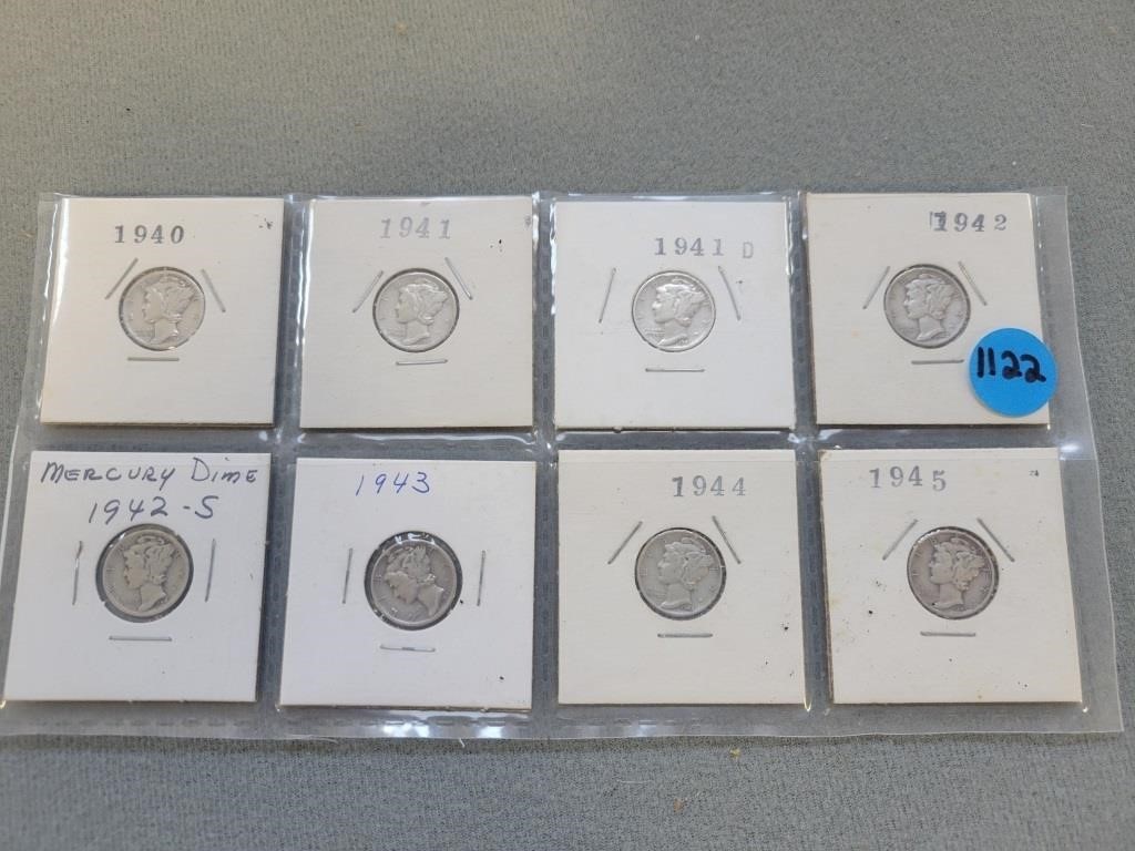 8 Mercury dimes; 1940-1945.  Buyer must confirm al