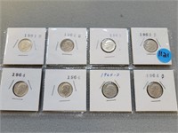 8 Roosevelt dimes; 1961-1964d.  Buyer must confirm