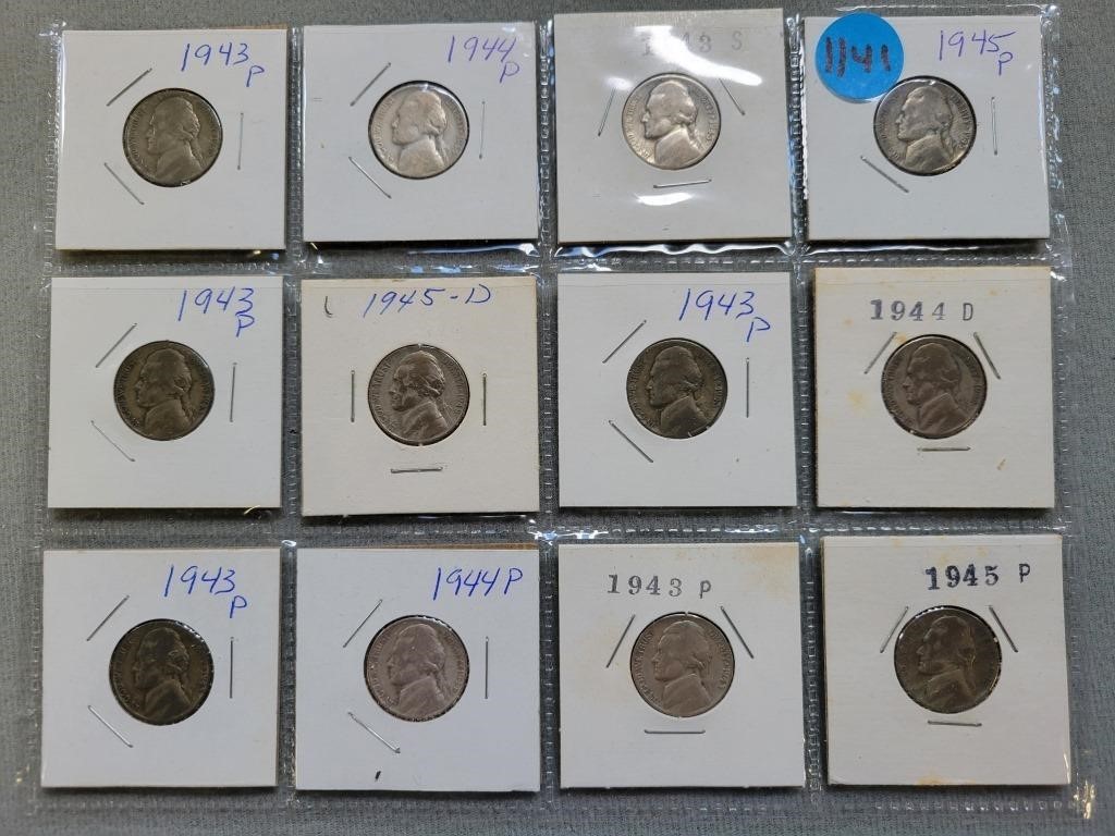 12 Jefferson ware nickels; 1943p-1945p.  Buyer mus