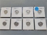 8 Mercury dimes; 1941-1944d.  Buyer must confirm a