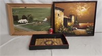 Framed Pictures and Wooden Serving Tray