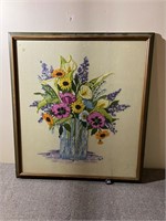 Large Vintage Crewel, Vase of Colorful Flowers