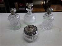 VTG 4 piece vanity perfume set, repousse lids