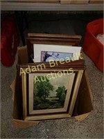 Box of paintings, prints, picture frames