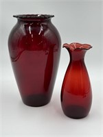 Vintage Pair of Anchor Hocking Ruby Red Vases