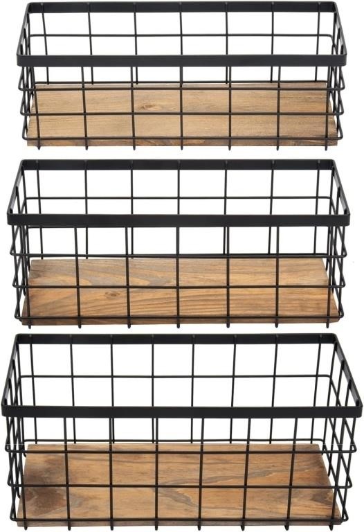 Farmhouse Wire Storage Baskets with Wood Base 3 Pc