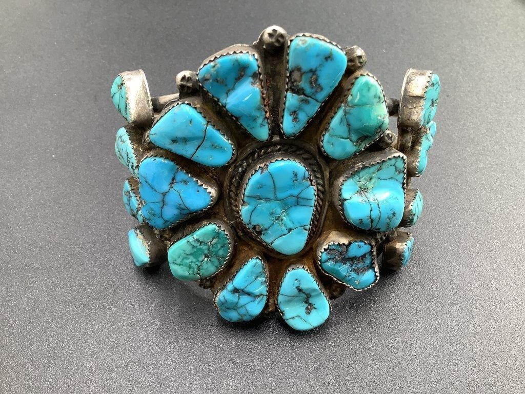 VINTAGE NAVAJO SILVER AND TURQUOISE CUFF MARKED