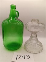 Green Gallon Jug and Glass Oil Lamp Base
