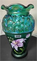 Iridized Emerald Green Leaf Vase, “Lily Pattern”