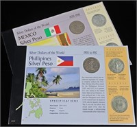 (2) SILVER DOLLARS OF THE WORLD COIN INFO CARDS