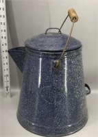 Antique blue speckled enamelware kettle