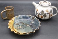 Signed Stoneware/Art Pottery Teapot, Plate & Mug