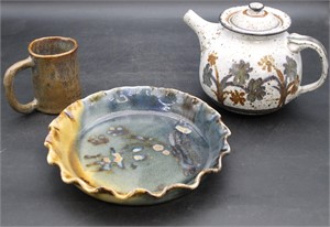 Signed Stoneware/Art Pottery Teapot, Plate & Mug