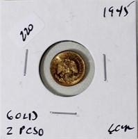 1945 GOLD MEXICO TWO PESO  GEM