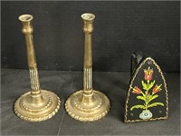 Brass Candlesticks & Folk Painted Cast Iron.