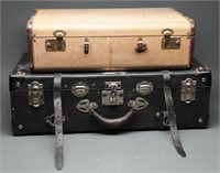 Antique Tweed & Black Leather Steamer Luggage