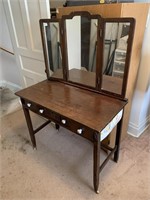 ANTIQUE VANITY WITH TRI PANEL MIRROR AND 3