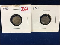 1910, 1916 Canadian Silver five cent pieces