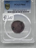 Rare 1913 PCGS PR64 Barber Silver Quarter