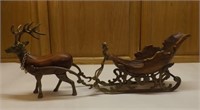 Brass and Wooden Reindeer and Sleigh