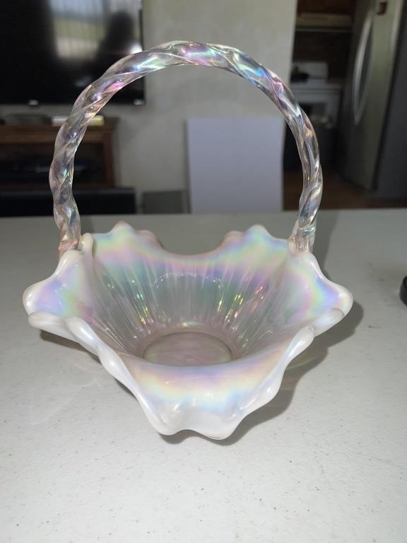 Fenton opalescent pink basket