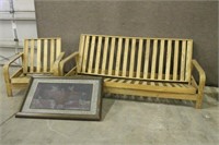 SOLID OAK FUTON FRAME AND CHAIR FRAME W/ PICTURE