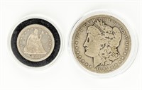 Coin 1887-S Liberty Seated Qtr.+1891-P Morgan,G-VG