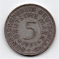 1951 F Germany 5 Mark Silver Coin