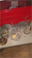 Glass pitcher, crystal bud vases, box of