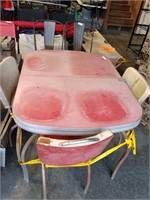 VINTAGE RED TABLE, 3 CHAIRS AND PADDED STOOL
