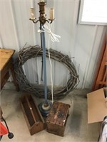 Wood Box And Tote, Grape Vine Wreath, Floor Lamp