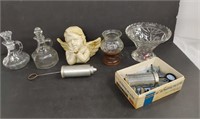 Various glass decanters, angel ceramic, icing set