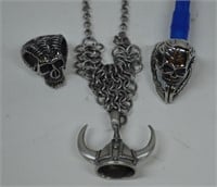 Viking Necklace and 2 Skull Rings -Stainless Steel