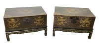 Pair Asian Lacquer Chests w Dragons on Stands