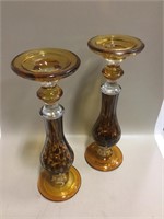 Pair 13.5" Murano Style Glass Candle Holders