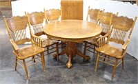 Oak Clawfoot Pedestal Table, 6-Pressed Back Chairs