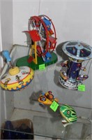 5 Tin Litho Toys Incl Ferris Wheel, German Motorcy