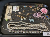 Tray Of Costume Jewelry, Necklaces, Pins.