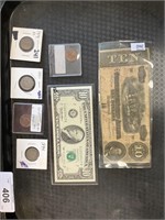 Confederate 10 Dollar Bill, Late 1800’s Coins.
