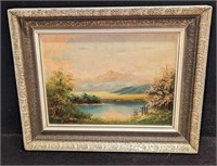 Framed Small Original Oil Canvas Mountain Landscap