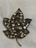 Vintage rhinestone maple leaf brooch, white and