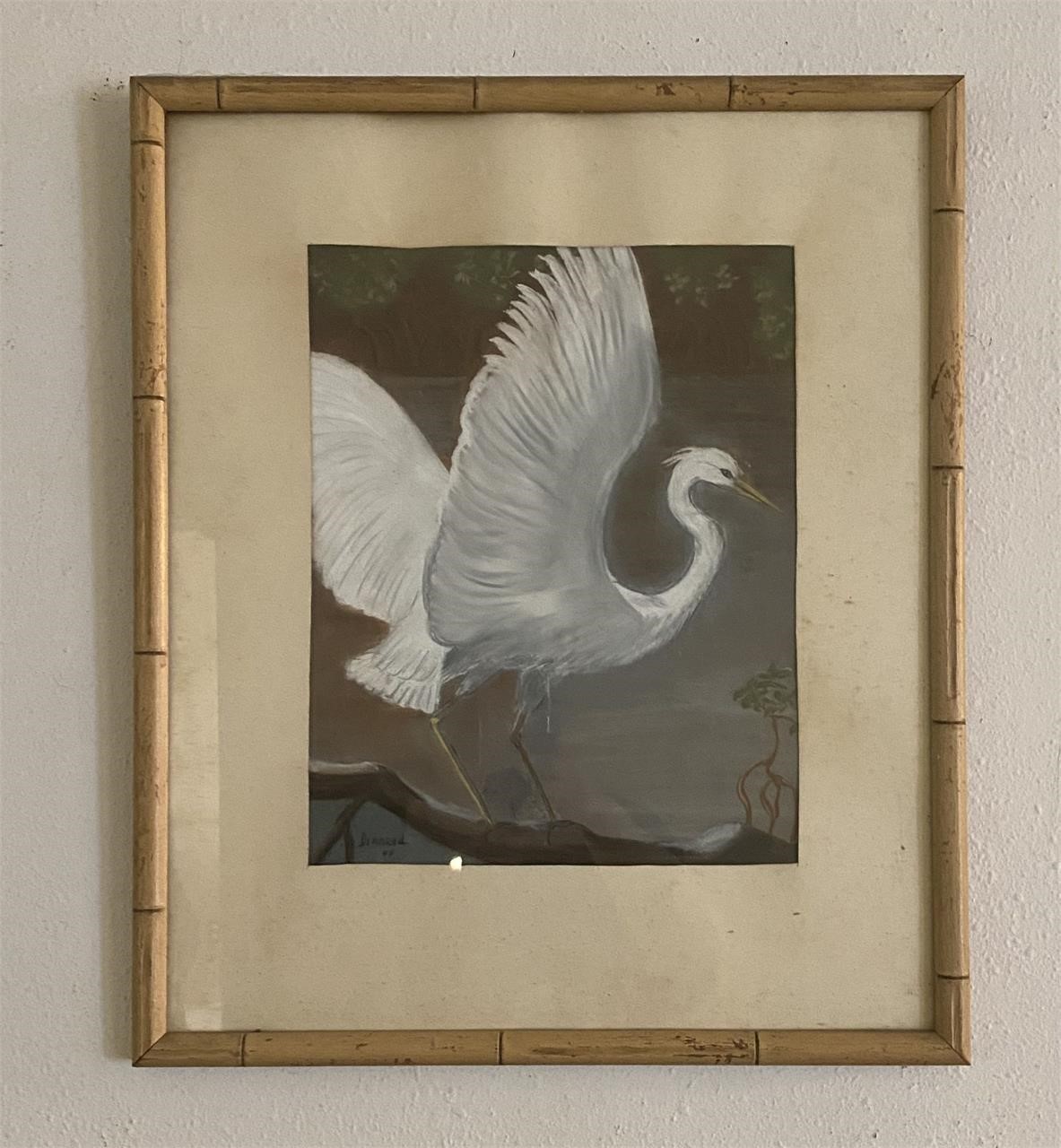 Signed White Crane Painting in Bamboo Style Frame
