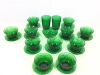 Green Glass Dish Set w Cups, Mugs, Saucers +