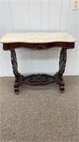 Victorian burled walnut table with marble top
