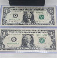 (2) 2017 A $1 Bills Serial #'s 277 & 278