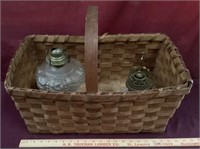 Large Woven Basket Containing 2 Old Oil Lamps