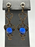 Victorian Era Brass Earrings w/ Blue Stone